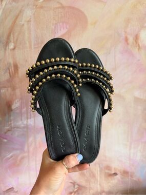 COACH Black Slide Sandals with Gold Bead Trim